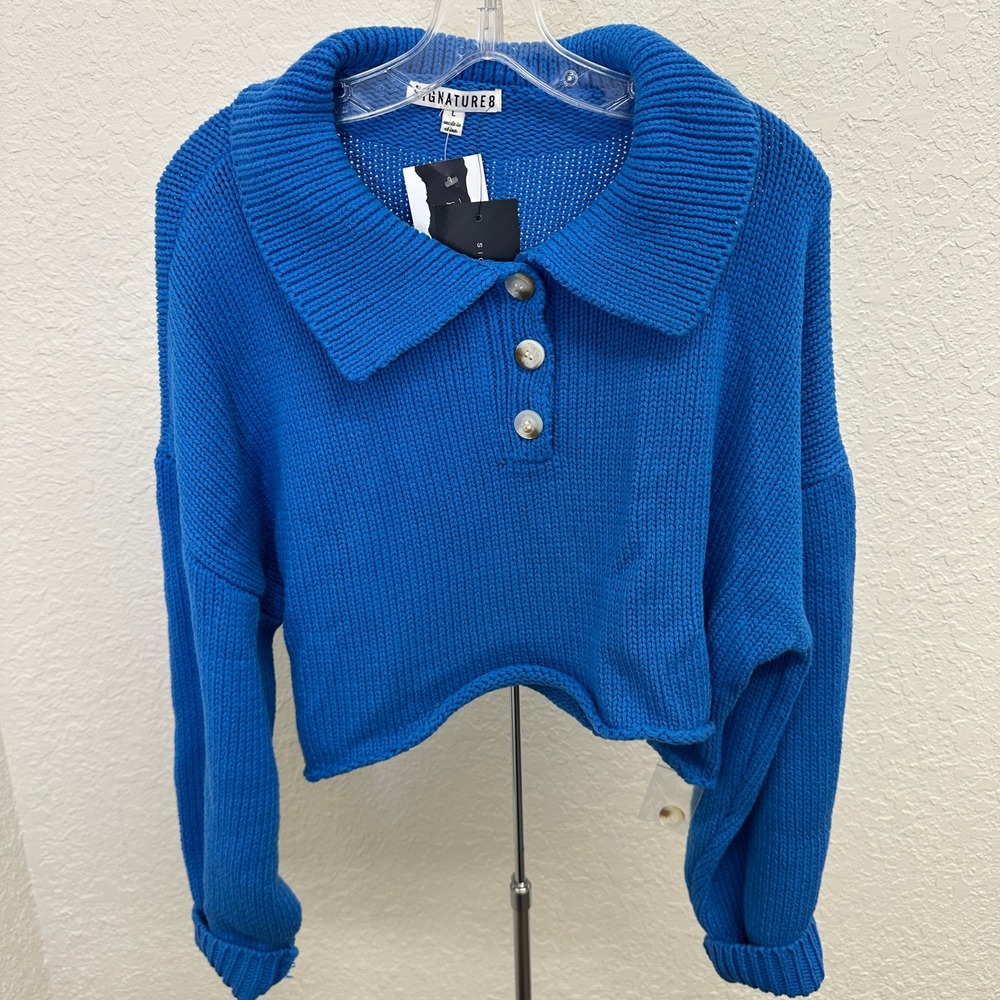 NWT Signature8 Women Blue Cropped Polo Sweater Chunky Knit Long Sleeve Size L